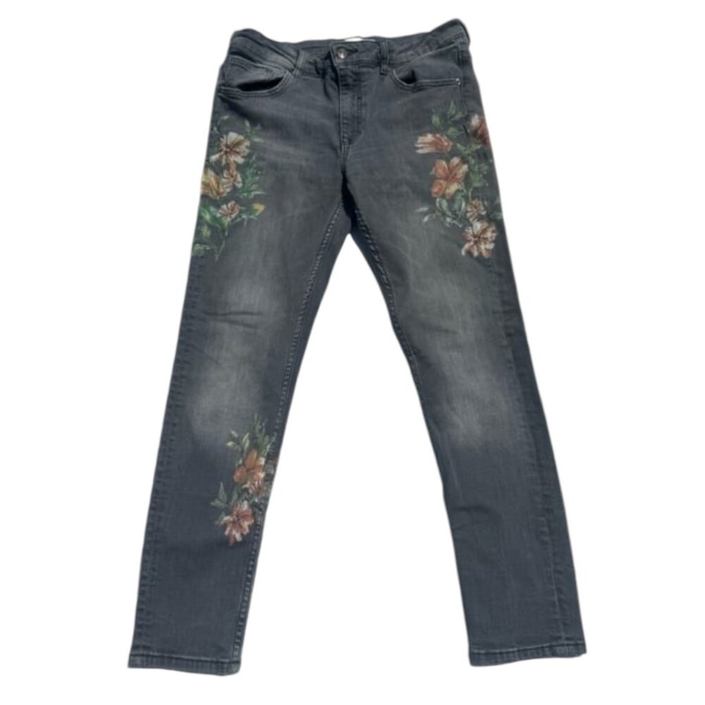 Zara Dark Gray Skinny Jeans with Floral Embroidery